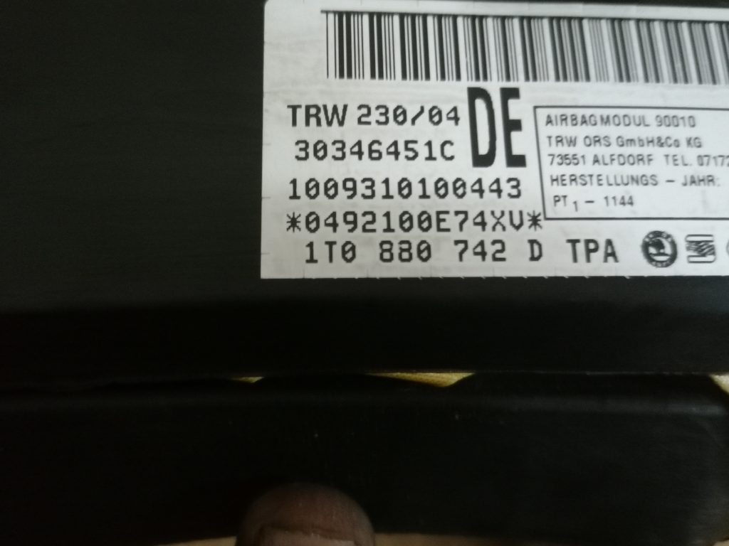 Griestu drošības spilvens, pa labi priekš VW TOURAN 2005 4 Griestu drošības spilvens, pa labi priekš VW TOURAN 2005