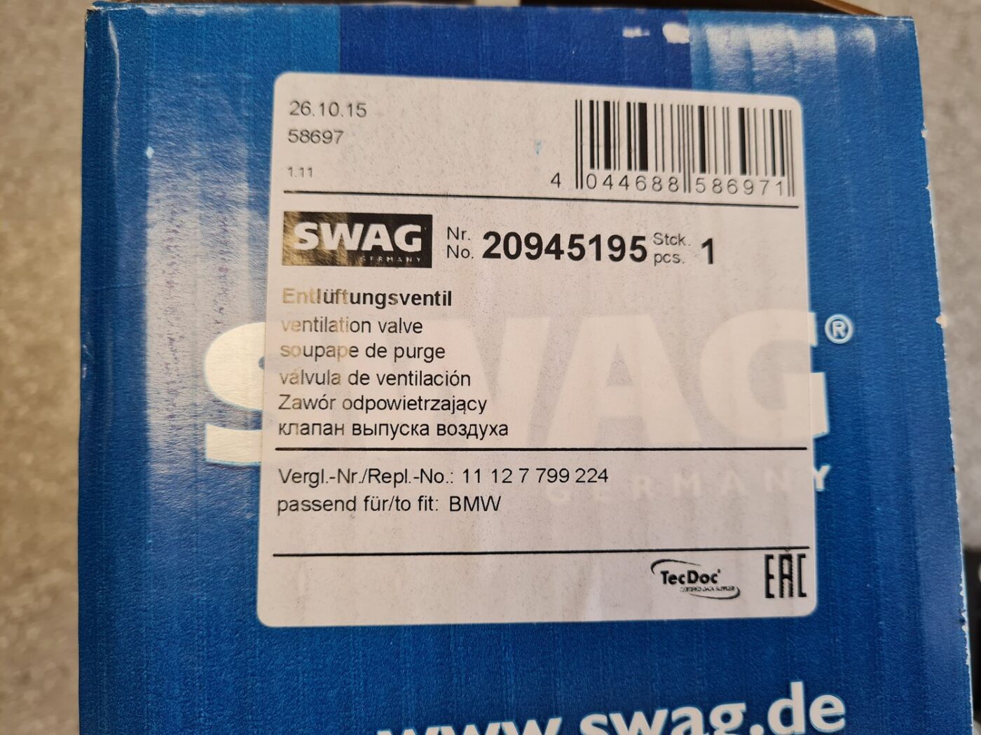 Kartera ventilācijas vārsts priekš 3 Kartera ventilācijas vārsts priekš